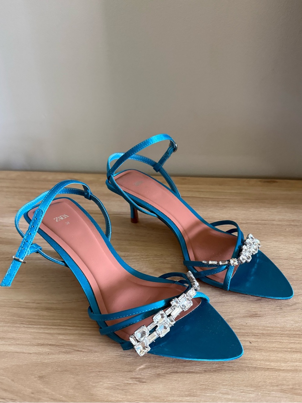 Zara Turquoise Blue Satin Rhinestone Strappy Heeled Sandals – Size 38